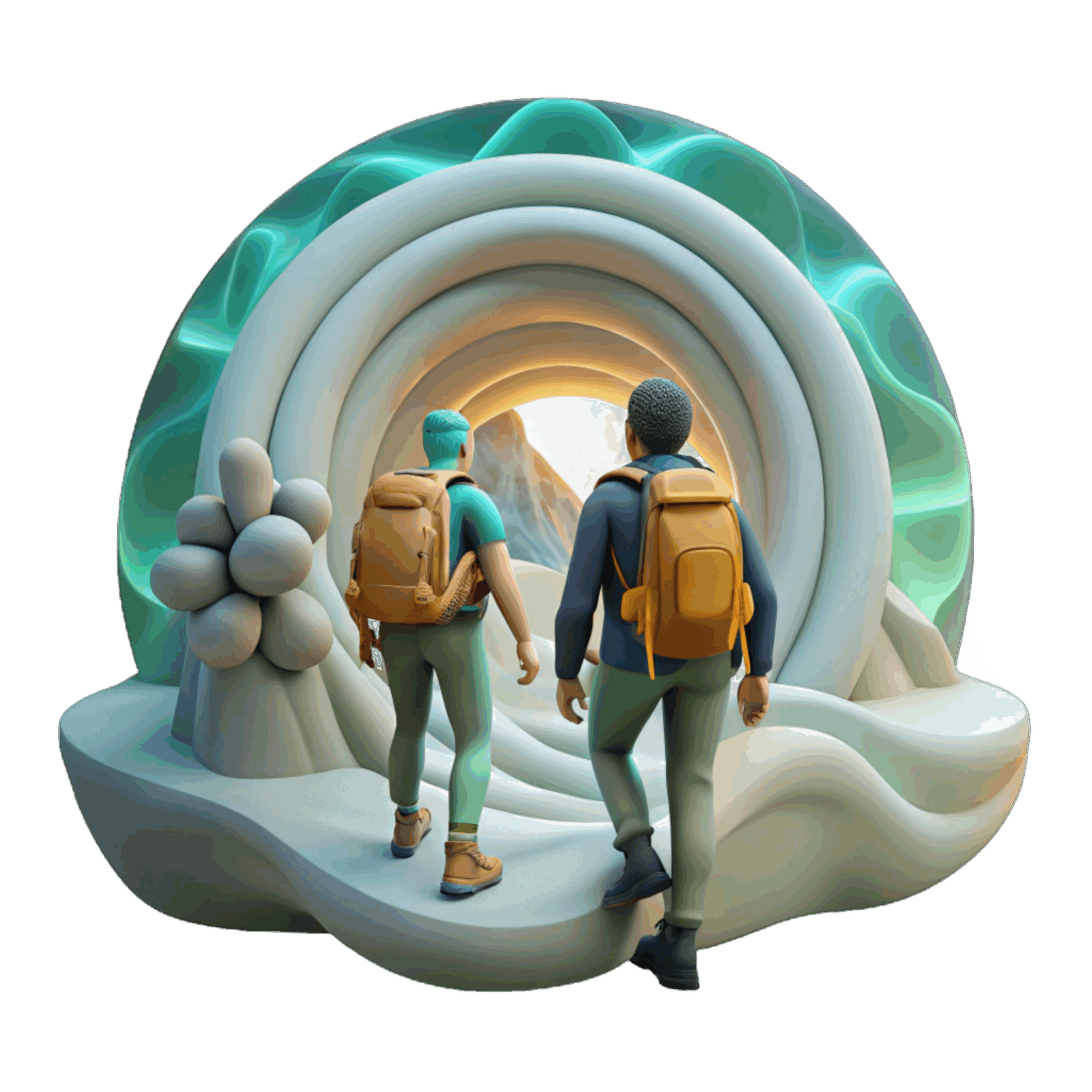 3D illustration af personas og deres kunderejse i UX design. Viser brugerrejse trin-for-trin fra landingsside til checkout – et centralt værktøj for UX designere til at skabe en god brugeroplevelse.