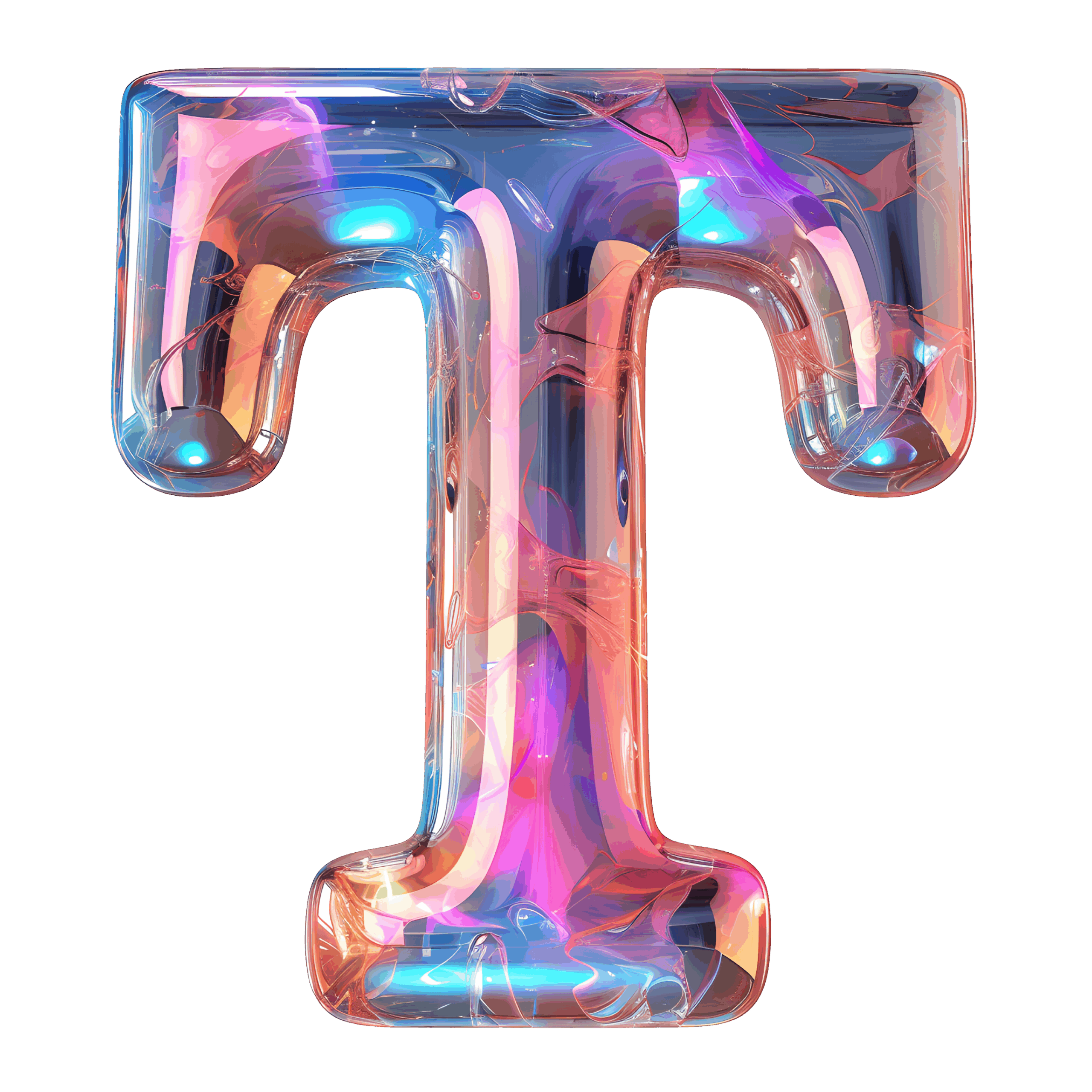 Typografi-bogstav T i glansfuld farvepalette – flot skrifttype til design og branding.