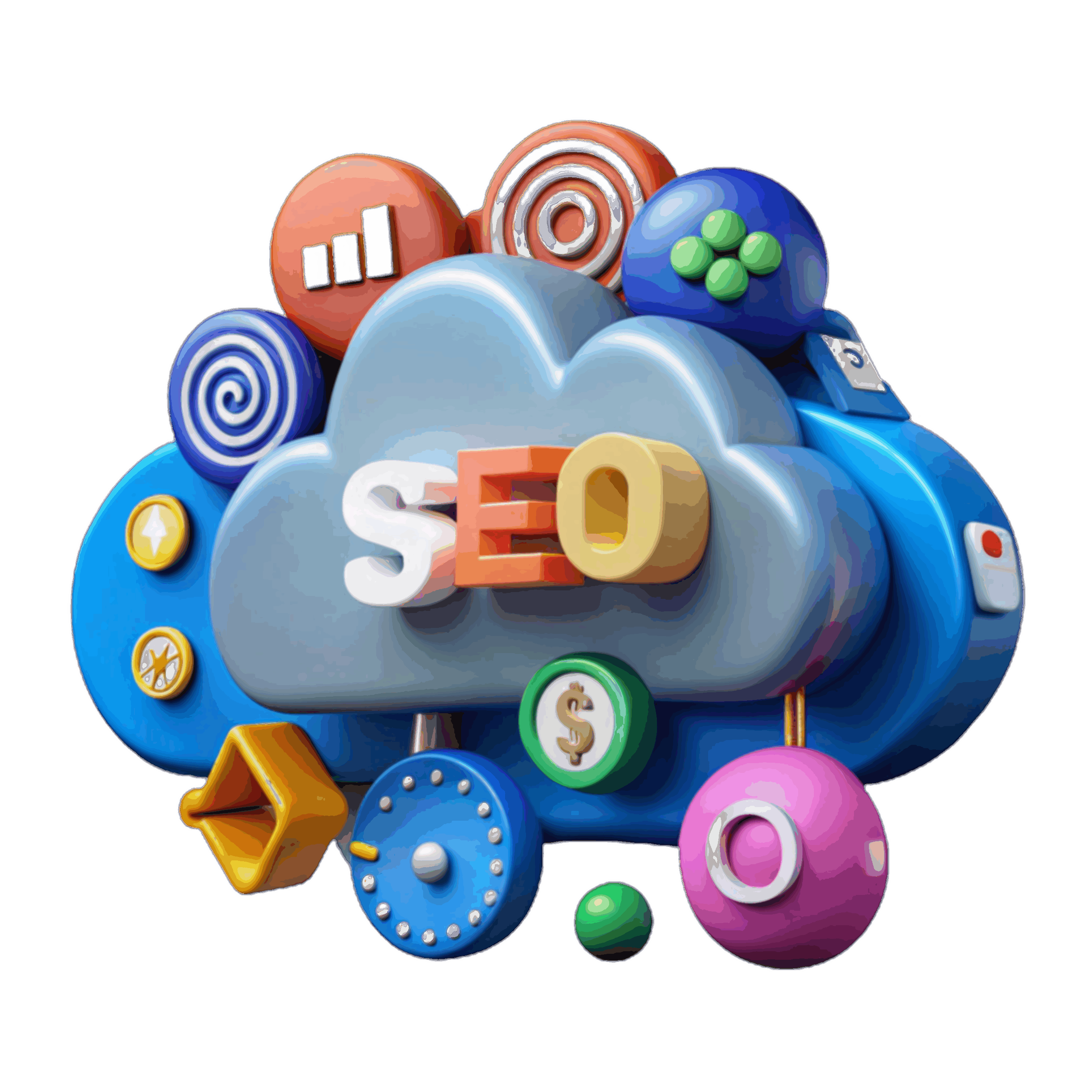 SEO optimering – farverig 3D illustration af SEO strategi med cloud, ikoner for analyser, mål og digital markedsføring.