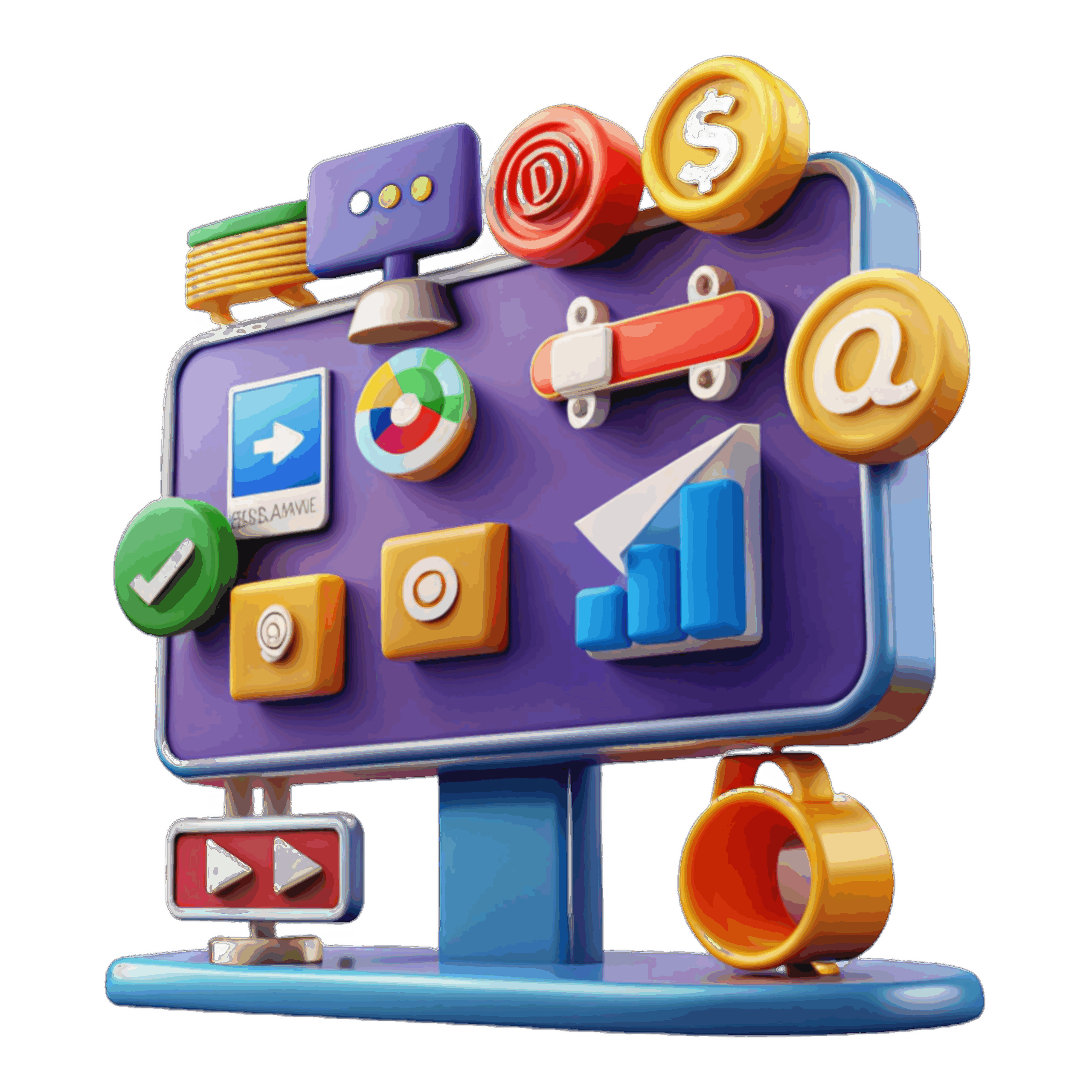 3D-illustration af digital annoncering på en skærm med ikoner for sociale medier, statistik, målretning og online marketing.