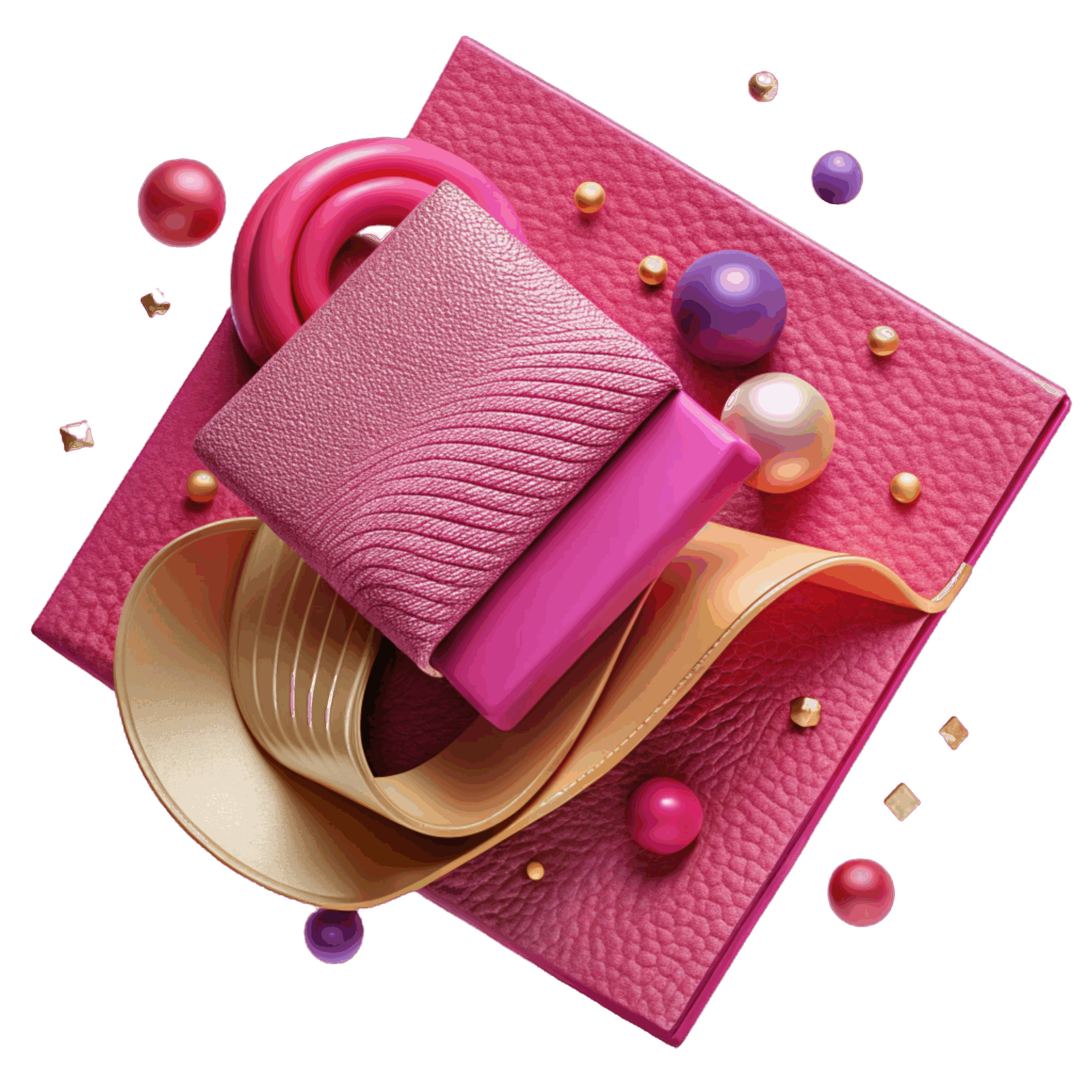 Abstrakt branding billede i magenta og guld med teksturer, former og farver, der symboliserer visuel identitet og branddesign.