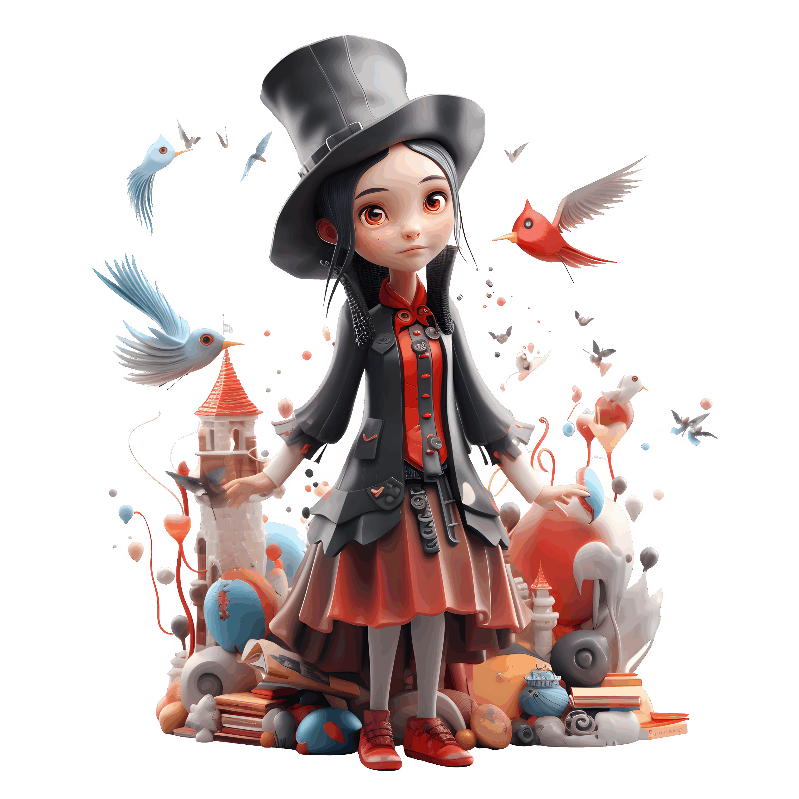 Kreativ 3D-illustration af en fantasifuld pige omgivet af farver, fugle og symboler. et visuelt udtryk for et brands unikke visuelle identitet.