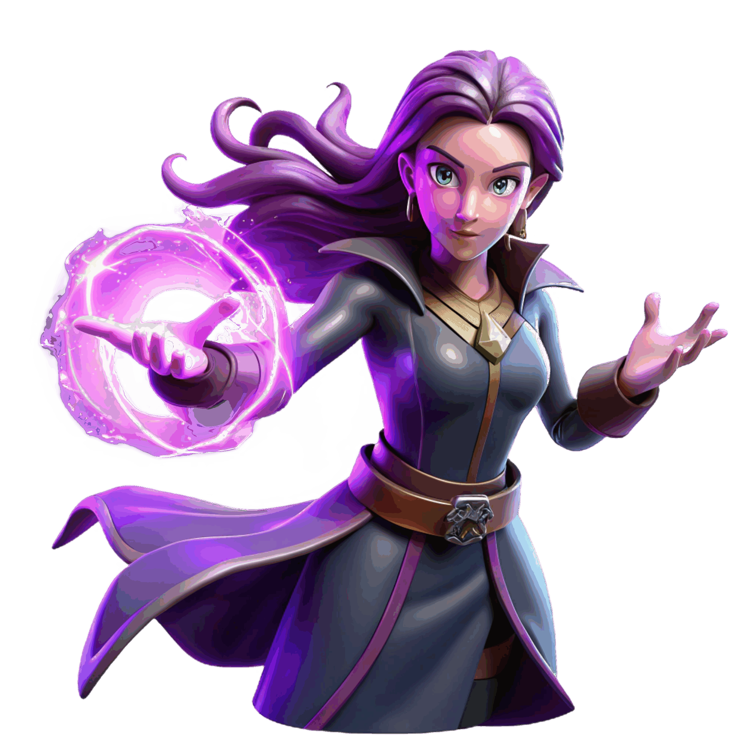 3D-illustration af en mystisk kvinde i lilla, der symboliserer farveteoriens og farvepsykologiens forbindelse til kreativitet, spiritualitet og luksus