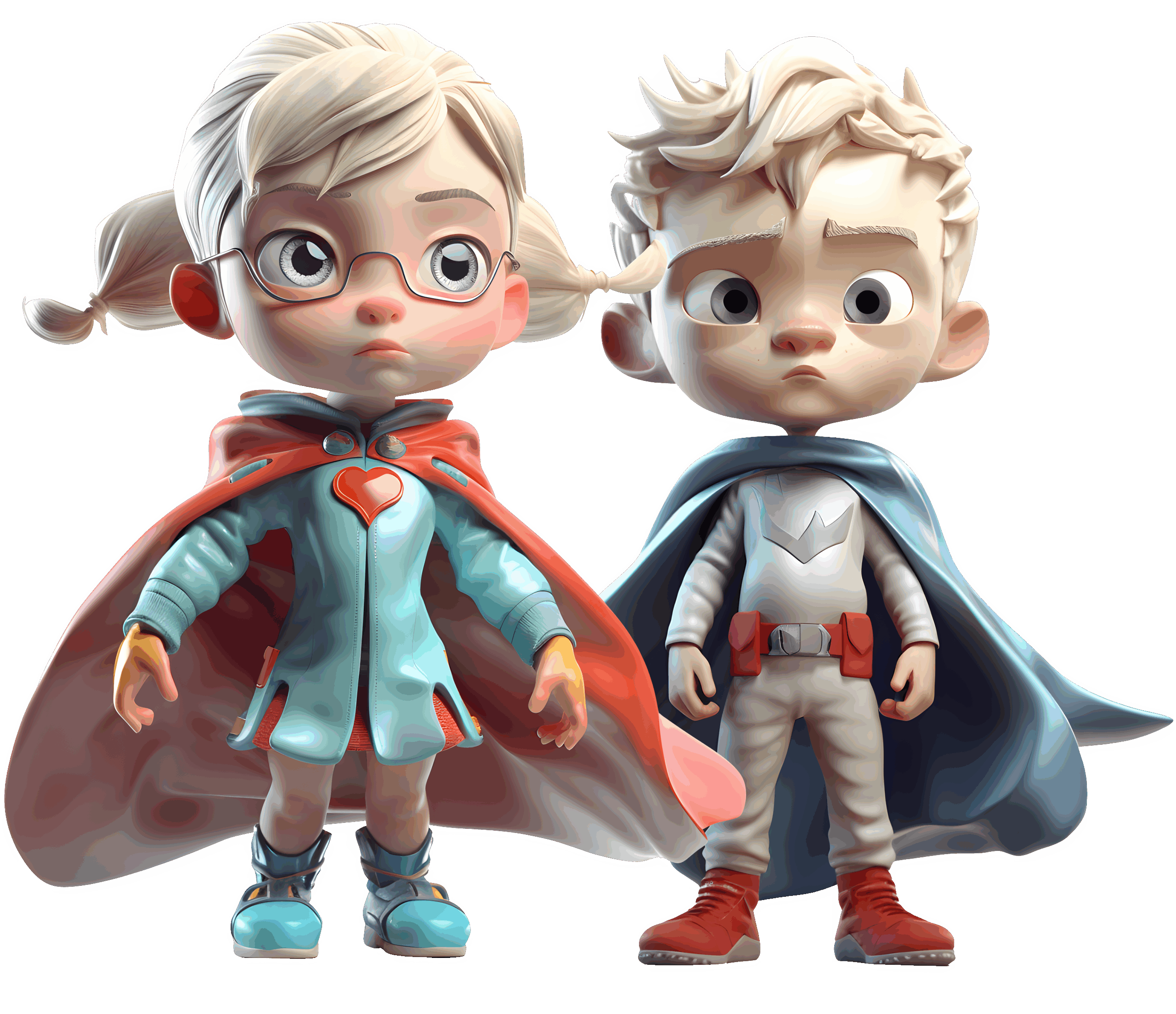 Illustration af to børn klædt som superhelte – symbol på unge med potentiale, mod og talenter, der kan udvikles gennem foredrag og iværksætteri.