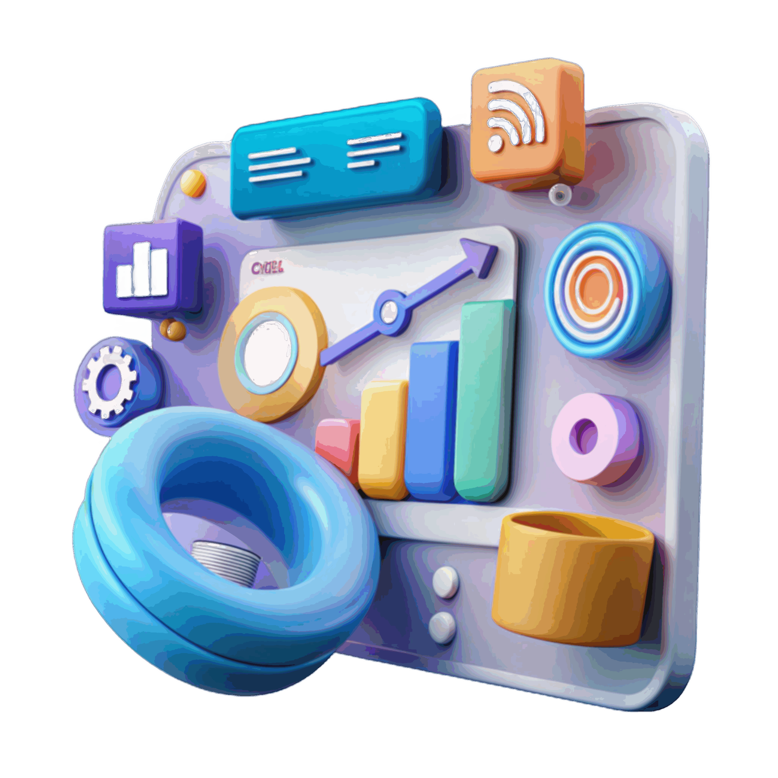 Illustration af forretningsplan med ikoner for strategi, analyse, markedsføring og økonomi – visuelt overblik til iværksættere