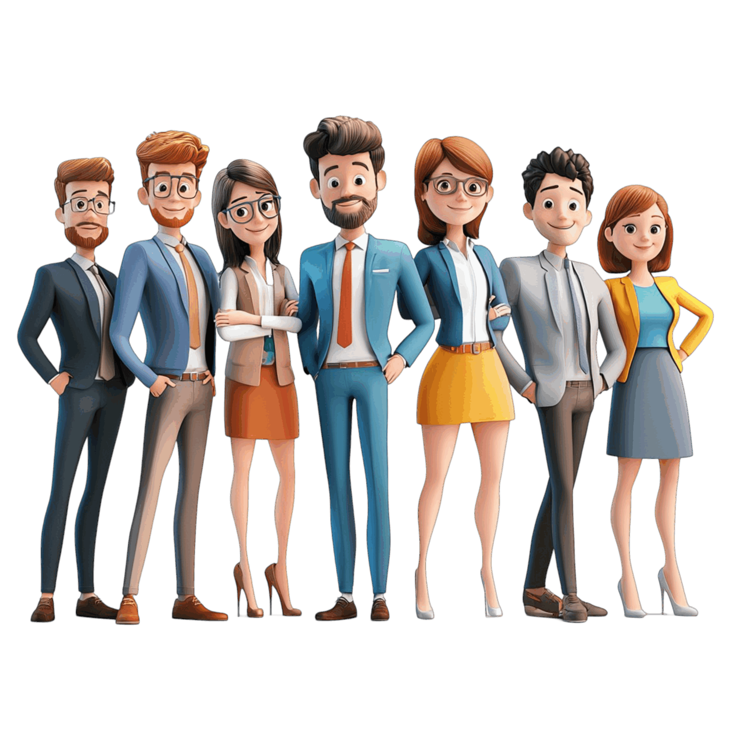 Illustration af en gruppe unge professionelle i business attire – symbol på netværk, iværksætteri og samarbejde, relevant for foredrag for unge om motivation og forretningsforståelse.