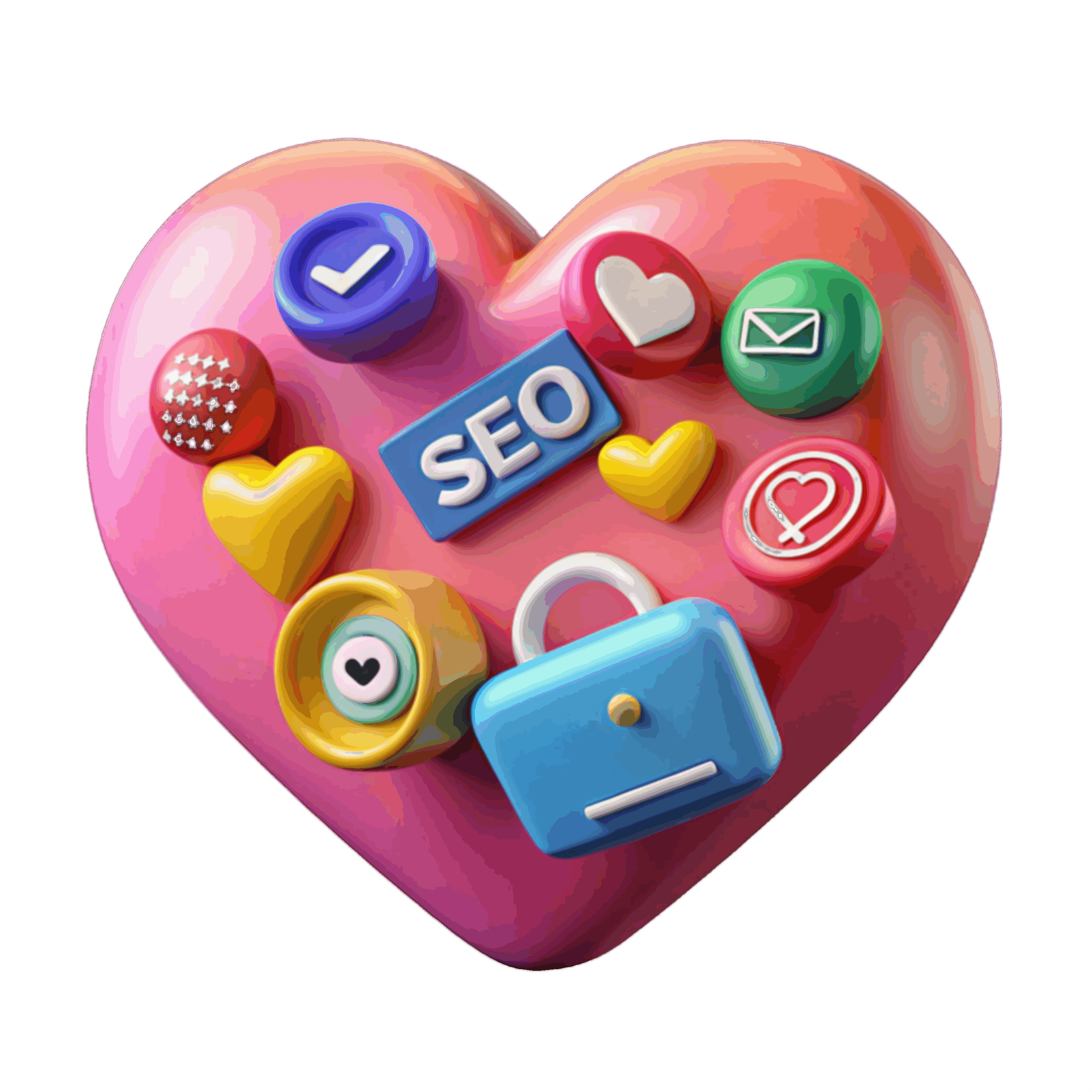 Illustration af et hjerte med ikoner for SEO, sikkerhed, sociale medier og kommunikation – symbol på hvordan SEO samler synlighed, tryghed og online vækst på din WordPress Hjemmeside.