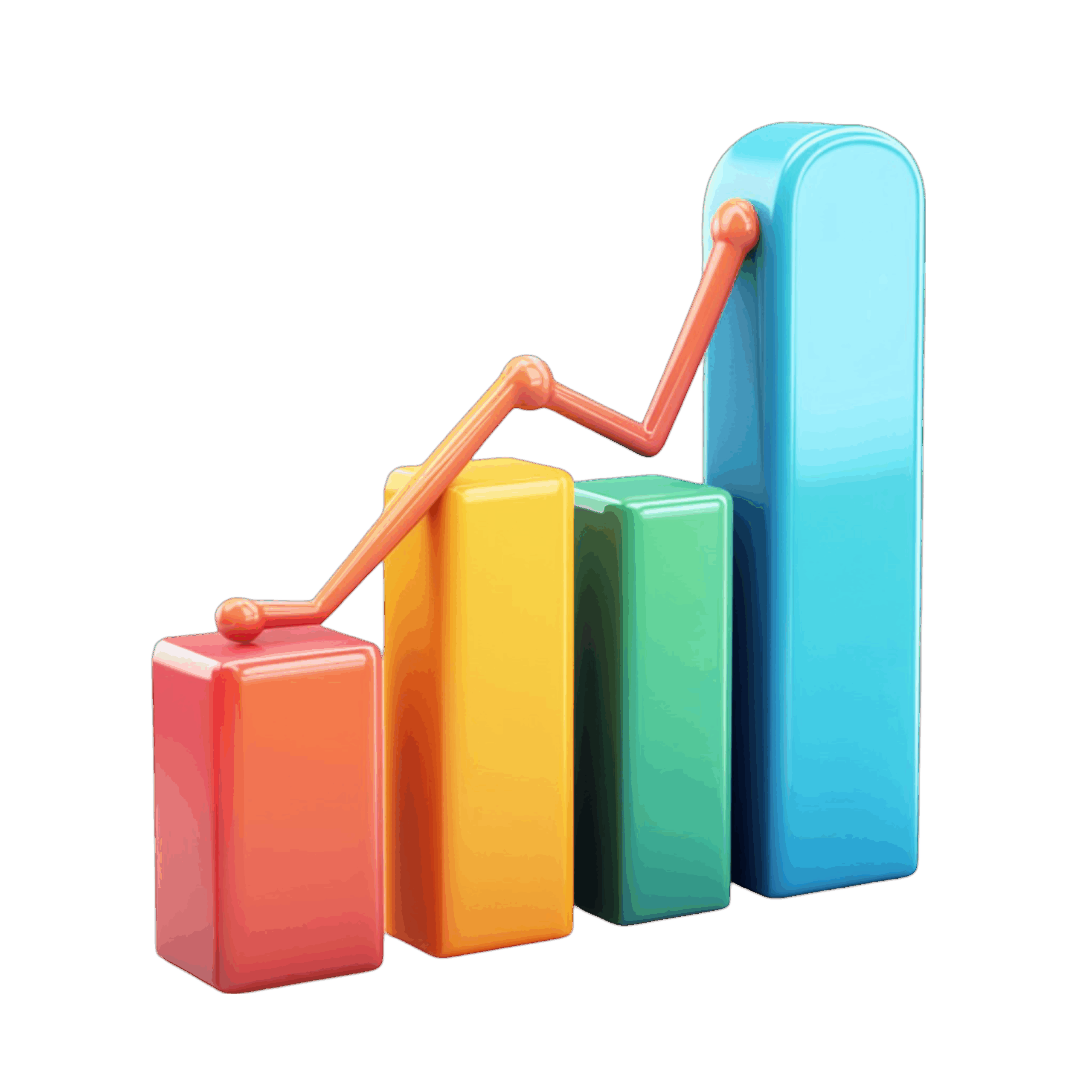 Makroøkonomi 3D illustration af farvet søjlediagram med stigende kurve – symbol på økonomisk vækst og makroøkonomiske nøgletal som BNP og inflation.
