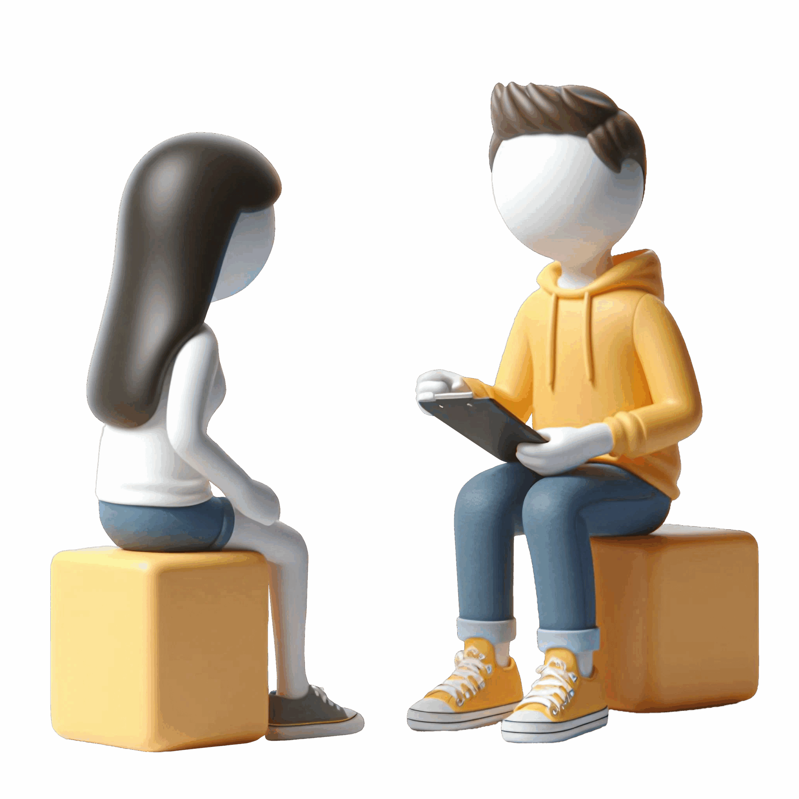 3D illustration af et kvalitativt interview, hvor en respondent og en interviewer sidder og taler sammen – eksempel på kvalitativ metode i praksis.