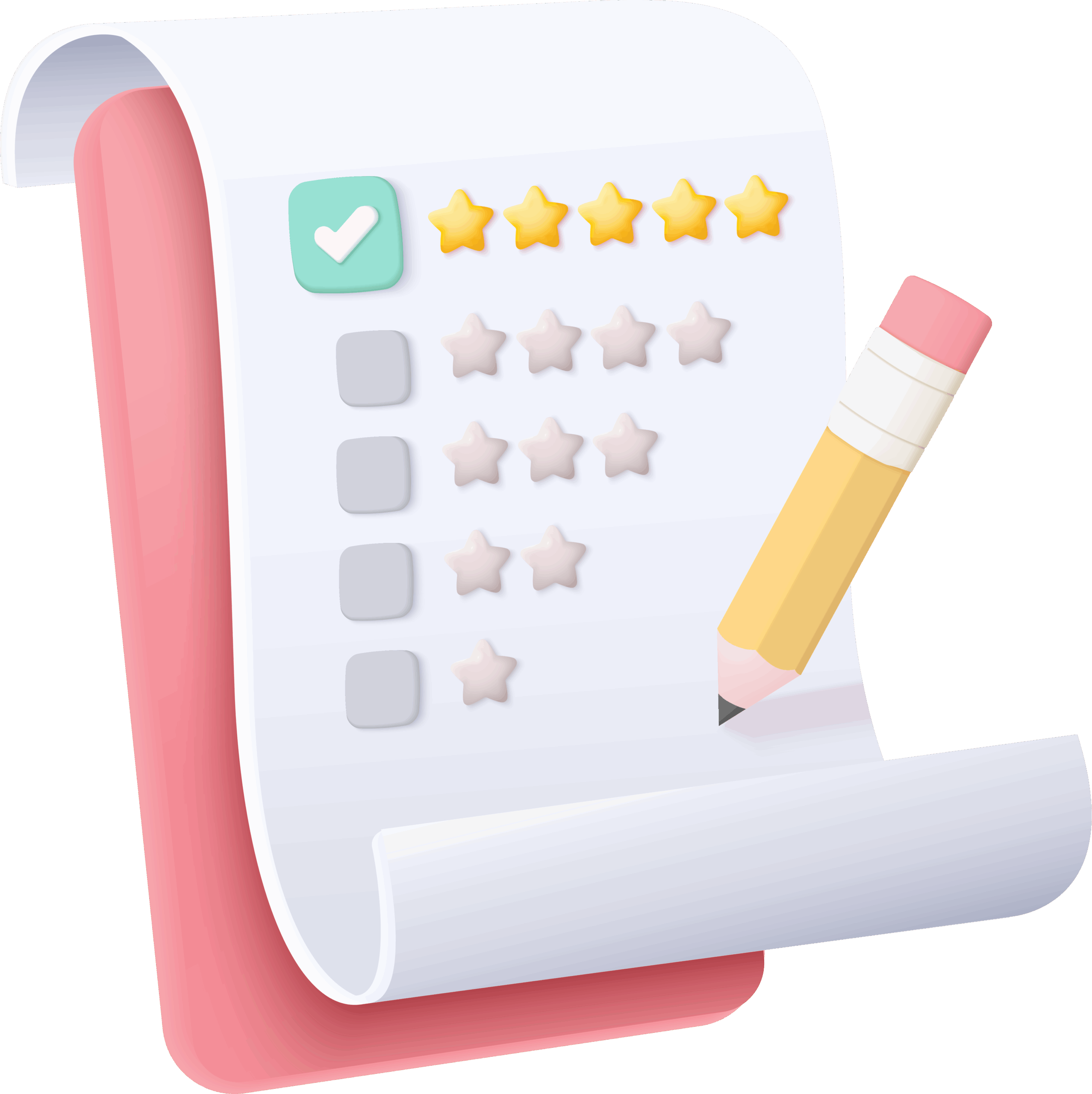 Illustration af spørgeskema med stjernemarkering og blyant – symbol på kvantitativ metode og dataindsamling i marketing.