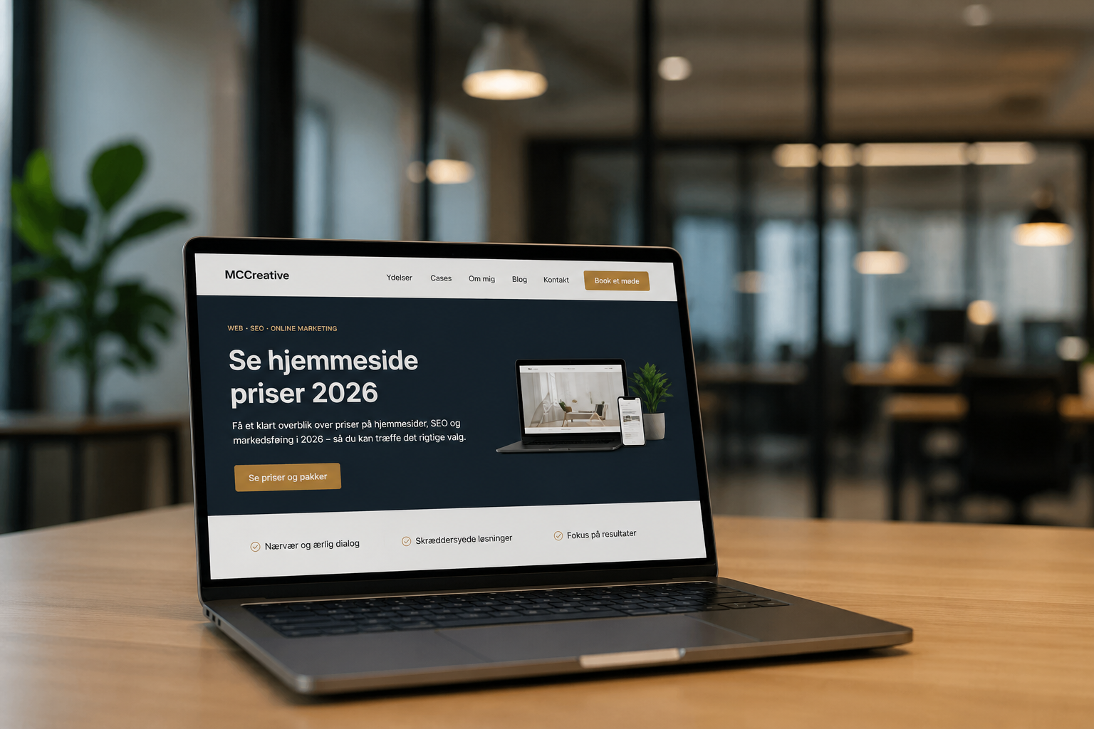 MCCreatives hjemmeside vist på laptop – priser og pakker for 2026