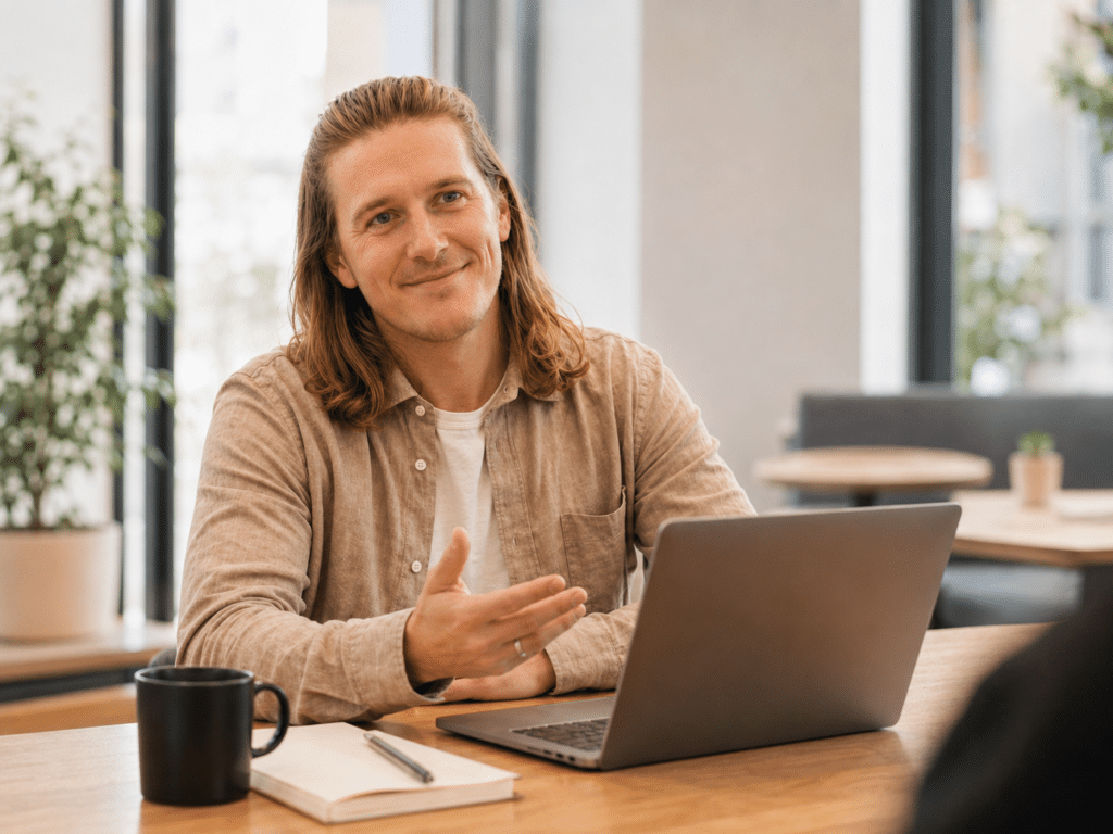 Mads Clausen i arbejde ved laptop og notesbog