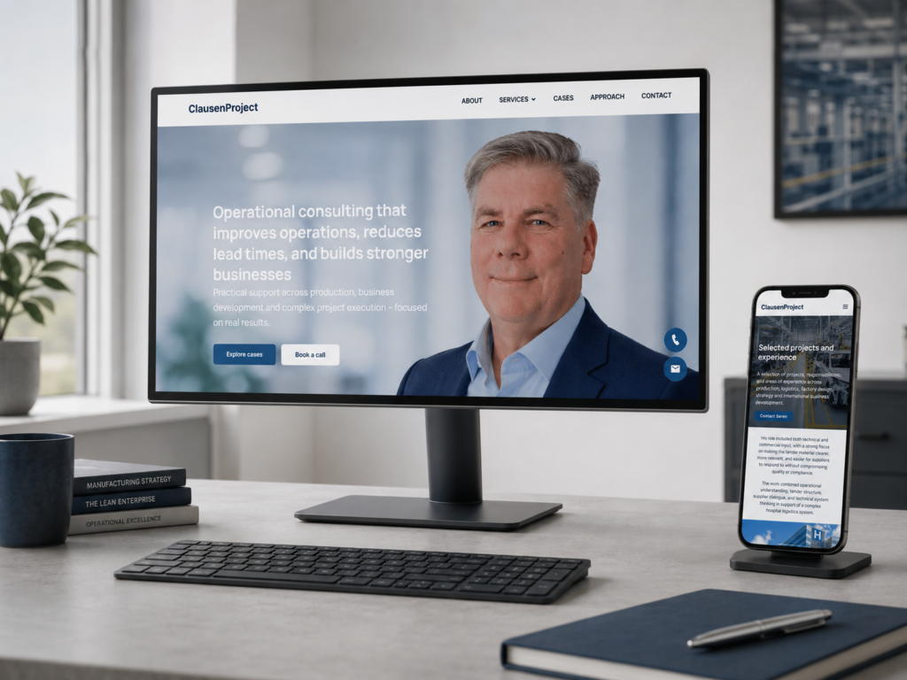 ClausenProjects website på stor skærm i kontormiljø