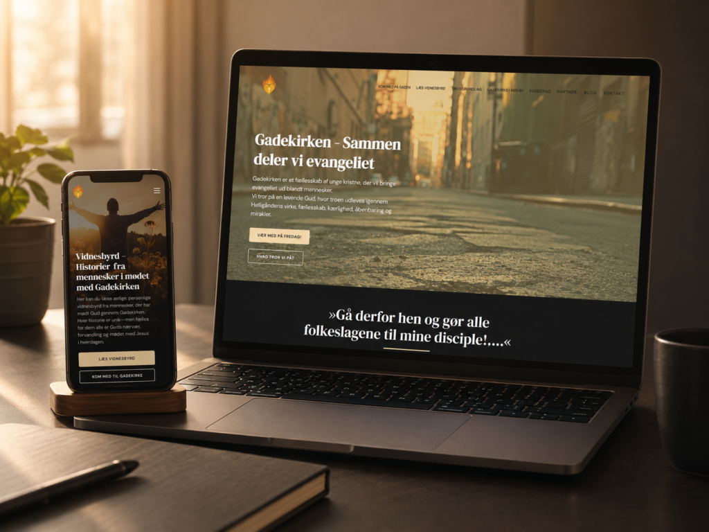 Gadekirkens hjemmeside vist på laptop og mobil