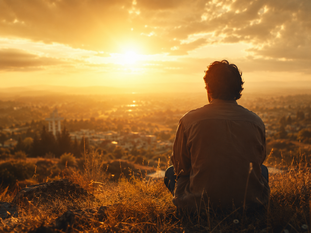 Mand ser ud over by i solnedgang — Gadekirkens billedunivers
