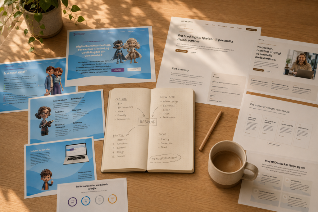 Rebranding af MCCreative — gamle og nye designs på bord