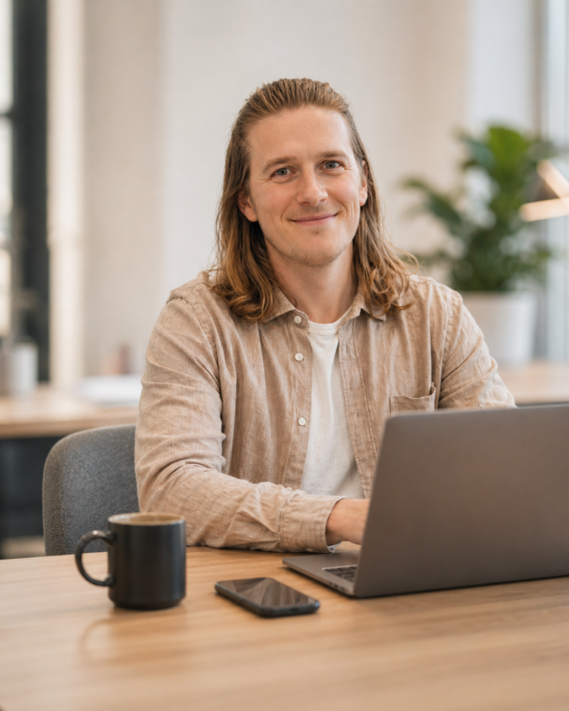 Mads Clausen ved laptop i lyst kontormiljø