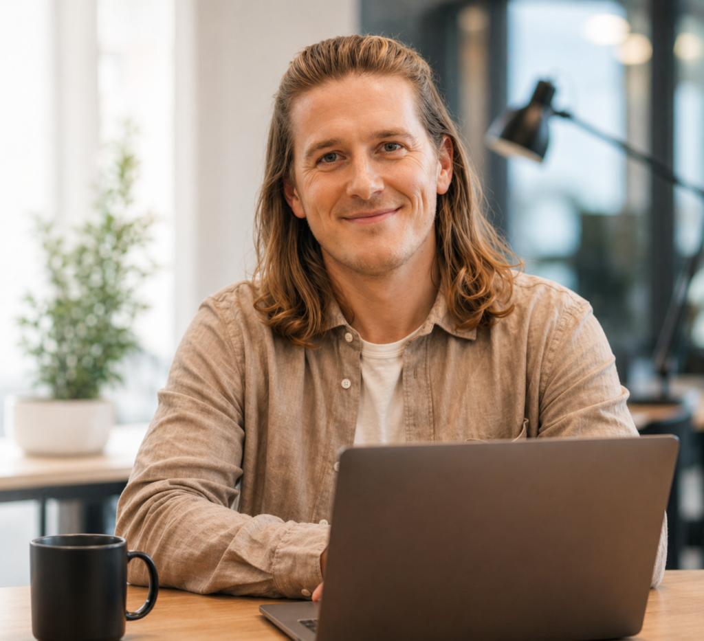 Mads Clausen arbejder med webdesign ved laptop i lyst kontor