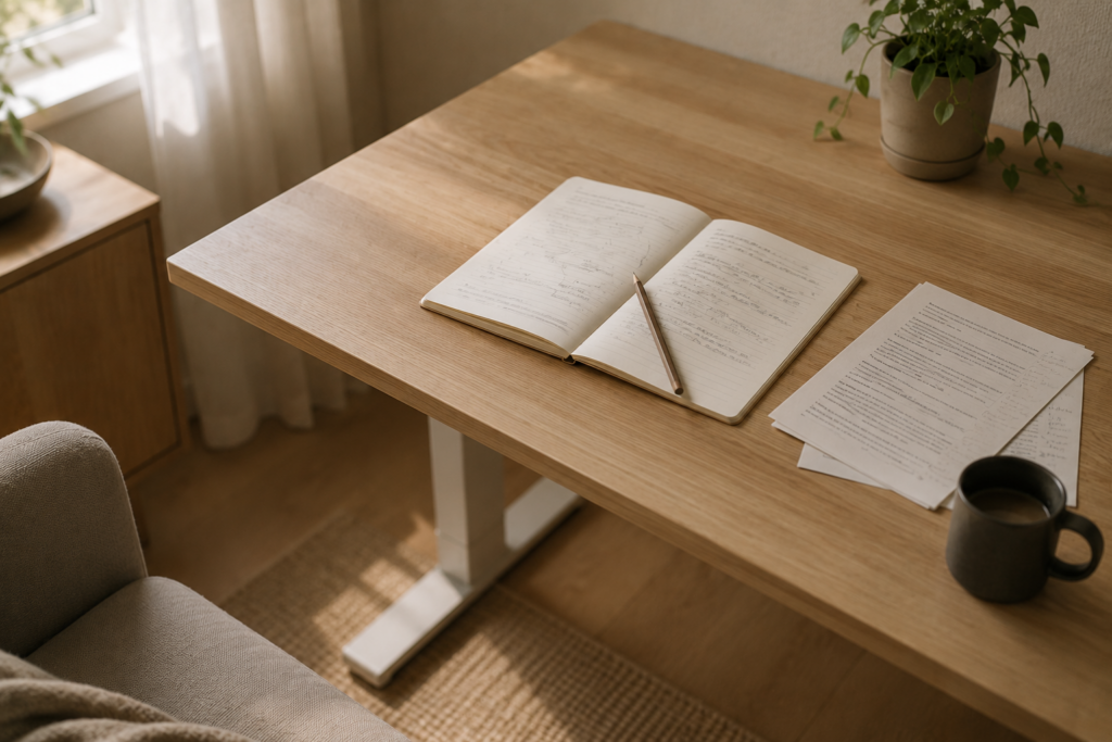 Notesbog med håndskrevne noter og struktur-skitse på skrivebord