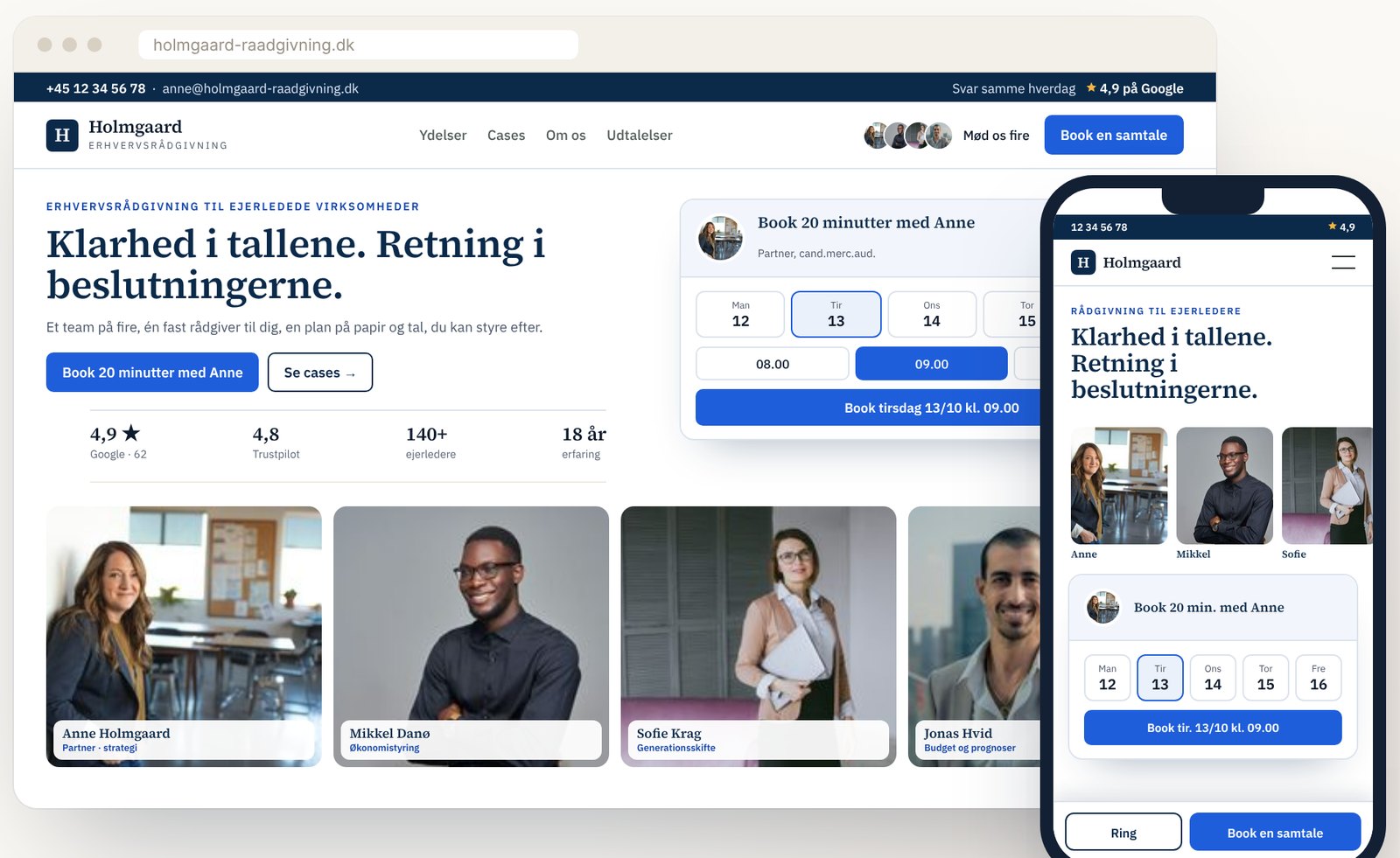Eksempel på et designudkast fra MCCreative: forsiden til en erhvervsrådgivning vist på computer og mobil, med overskrift, nøgletal, booking og teamet med ansigter.