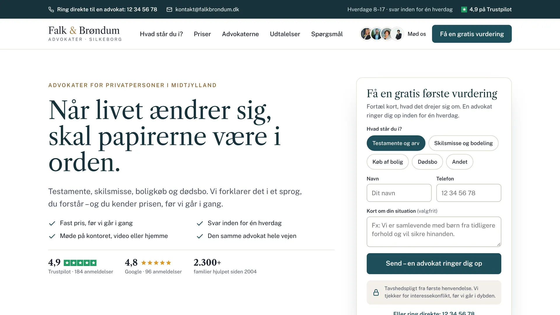 Forsiden af et designudkast til et opdigtet advokatfirma, hvor man vælger sit emne og får en gratis første vurdering