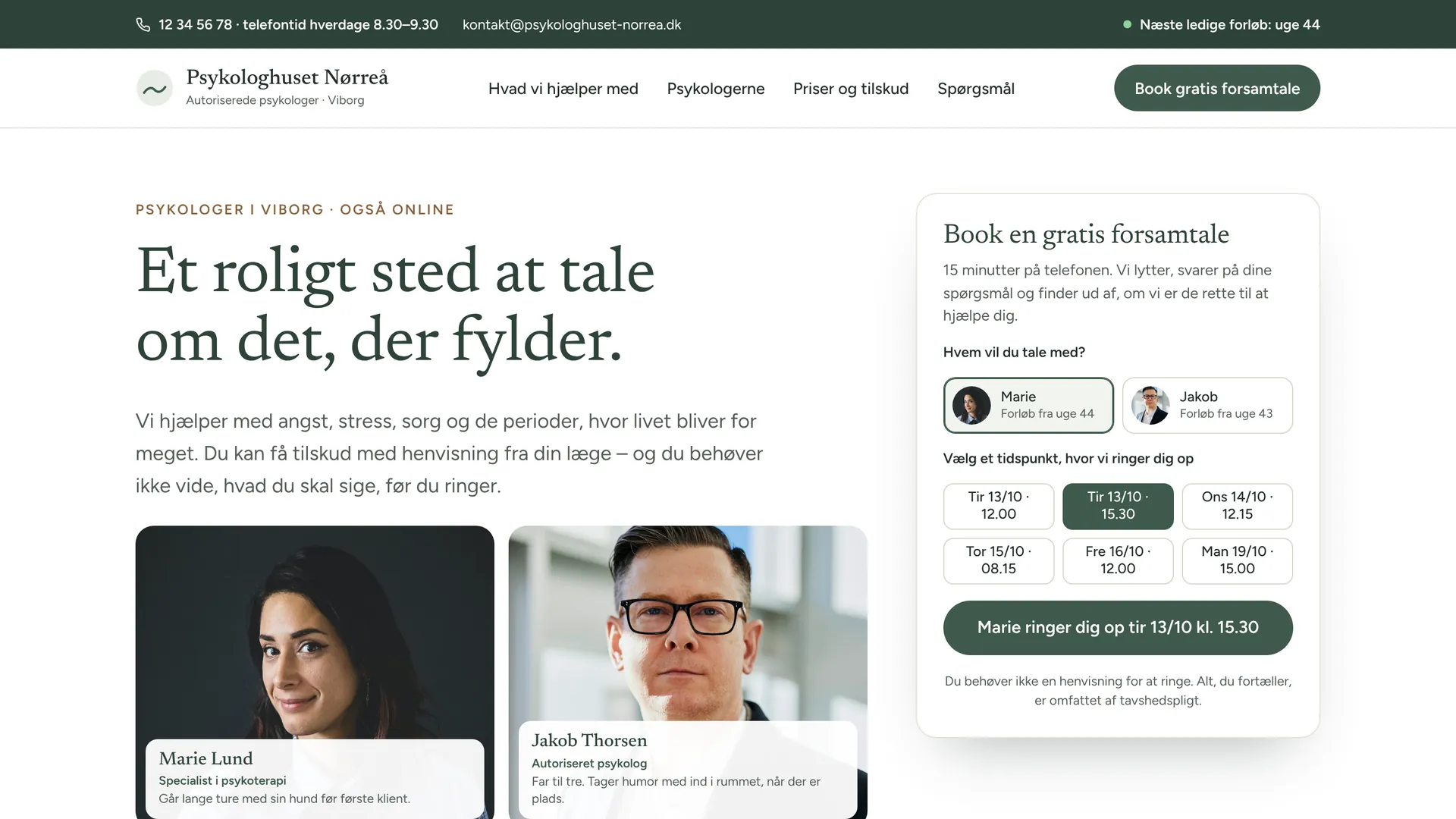 Forsiden af et designudkast til en opdigtet psykologklinik med booking af en gratis forsamtale