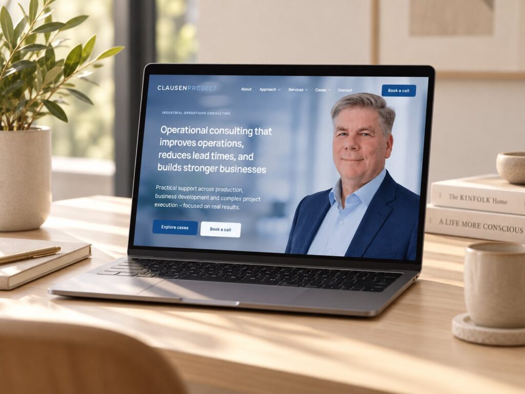 ClausenProjects forside på laptop med Søren Clausen og budskabet om industriel driftsrådgivning