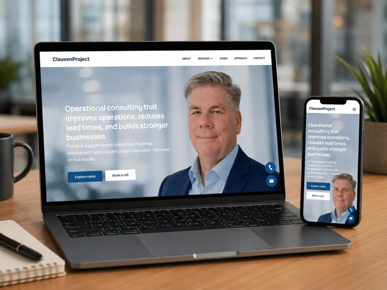 Clausen Projects hjemmeside på laptop og mobil