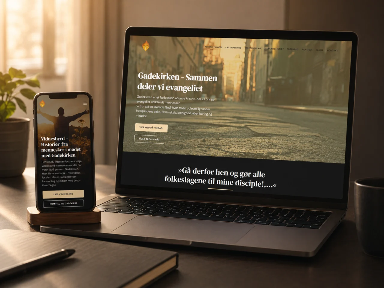 Gadekirkens hjemmeside på laptop og mobil